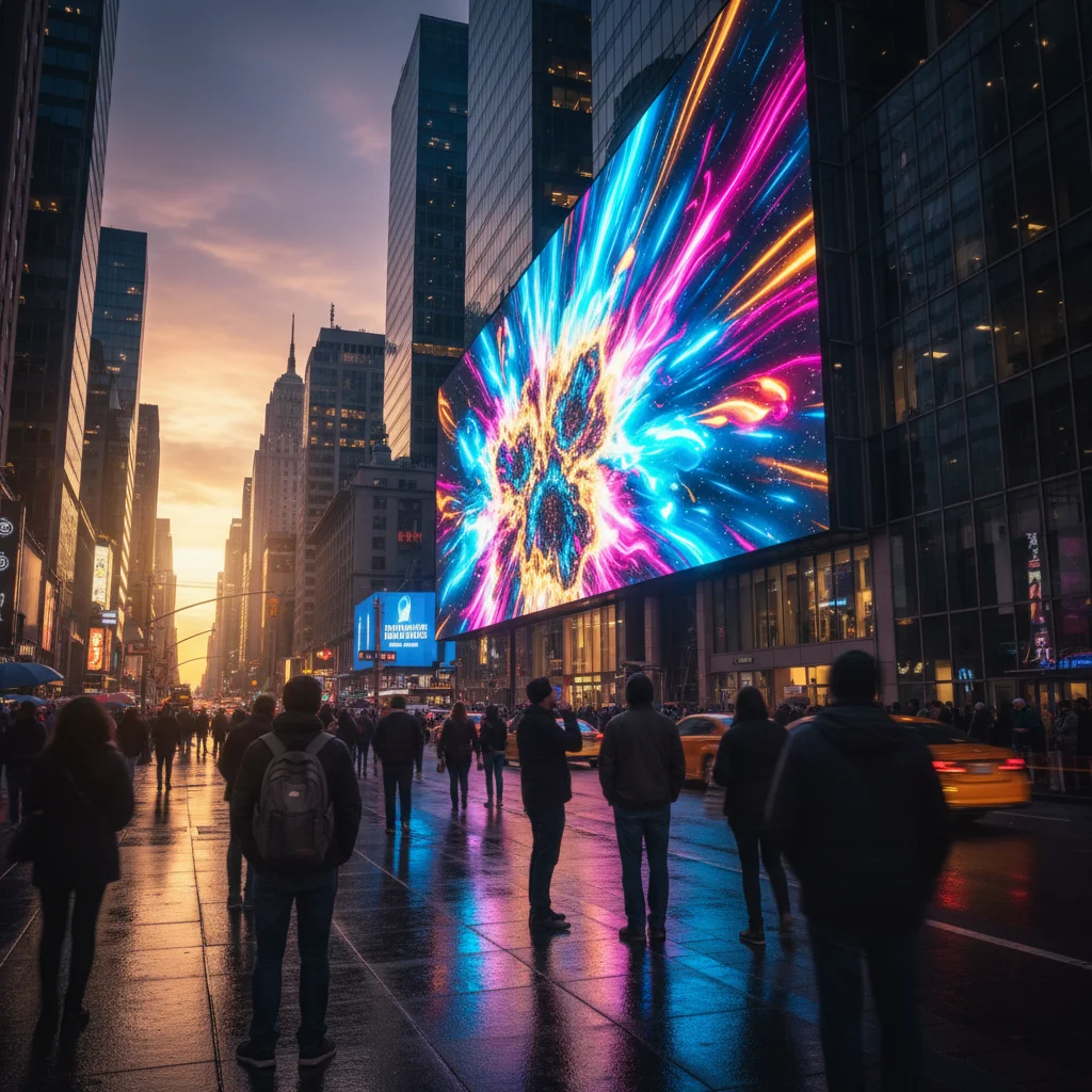 Digital display advertisement on a billboard in a busy urban streetscape at dusk