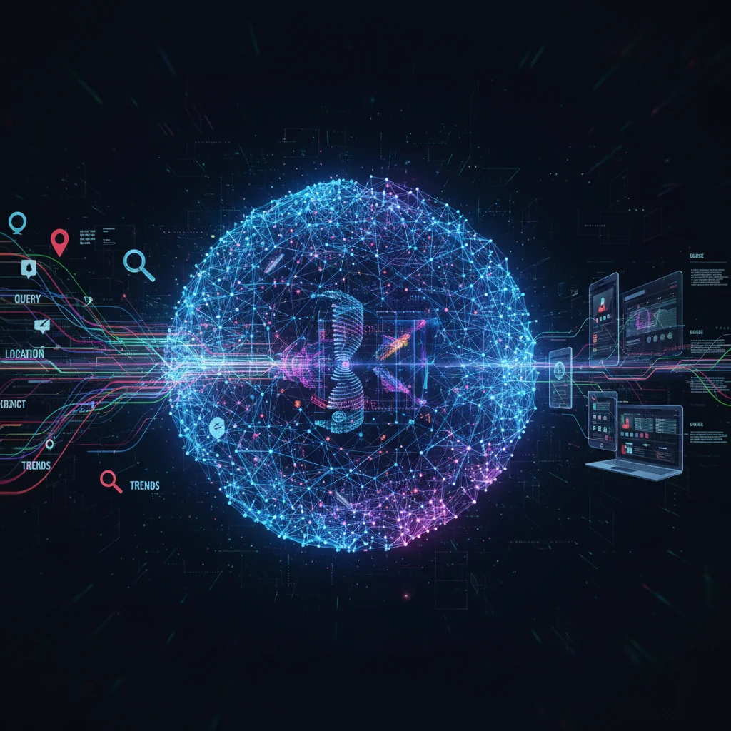AI and machine learning visualization with neural networks processing search data and algorithms