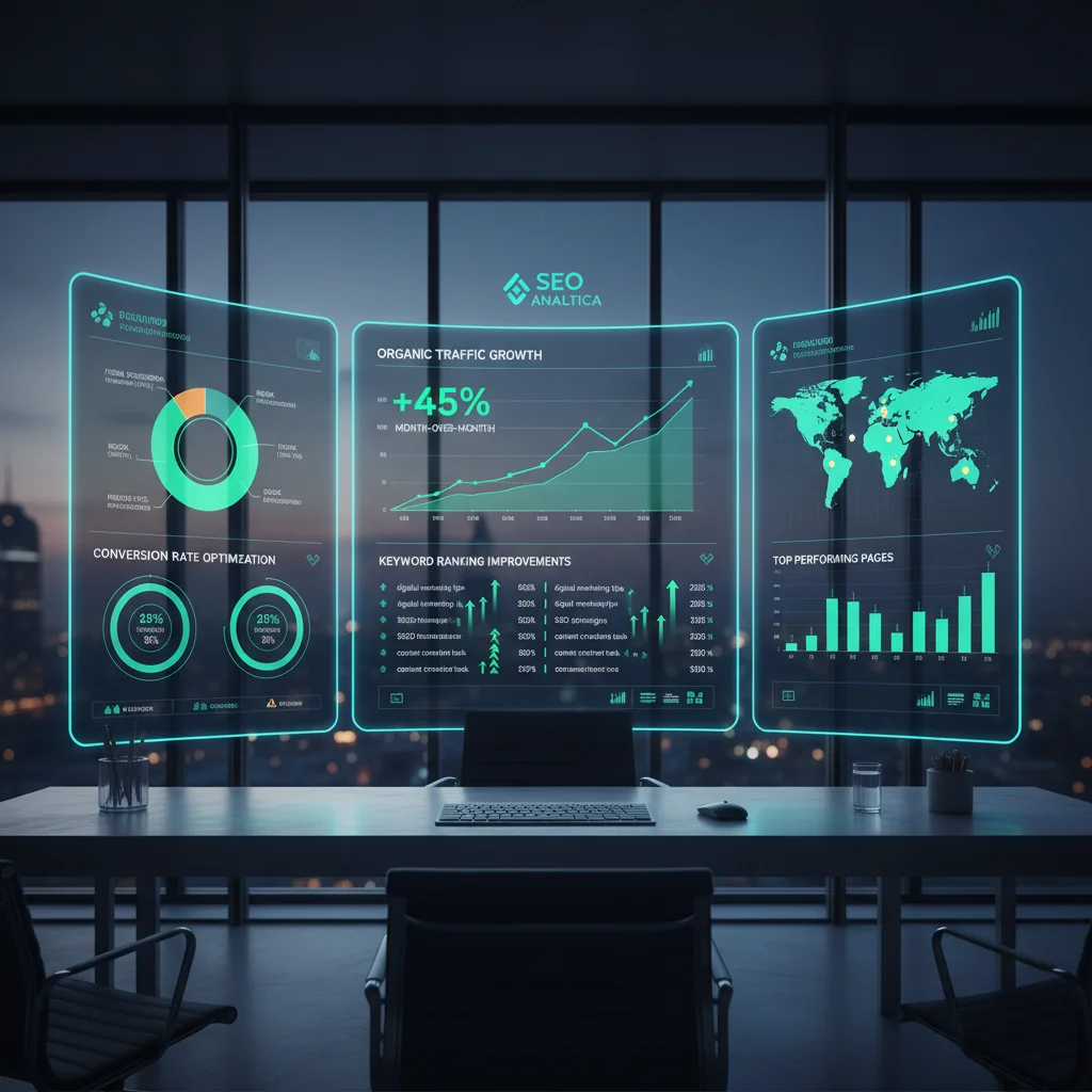 SEO analytics dashboard showing organic traffic growth, keyword rankings, and conversion metrics