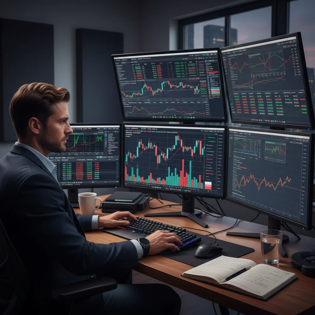 Professional forex trader analyzing charts and market data