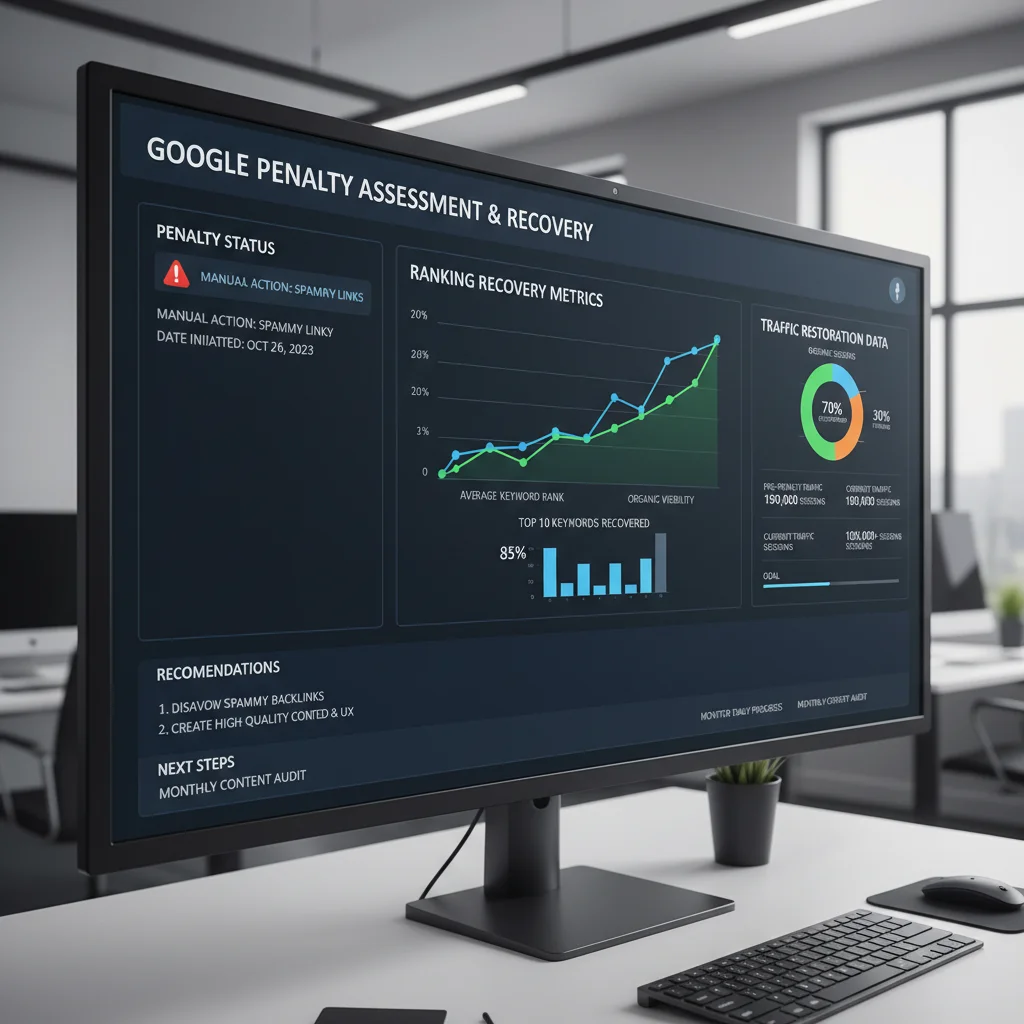 Google penalty assessment dashboard showing ranking recovery