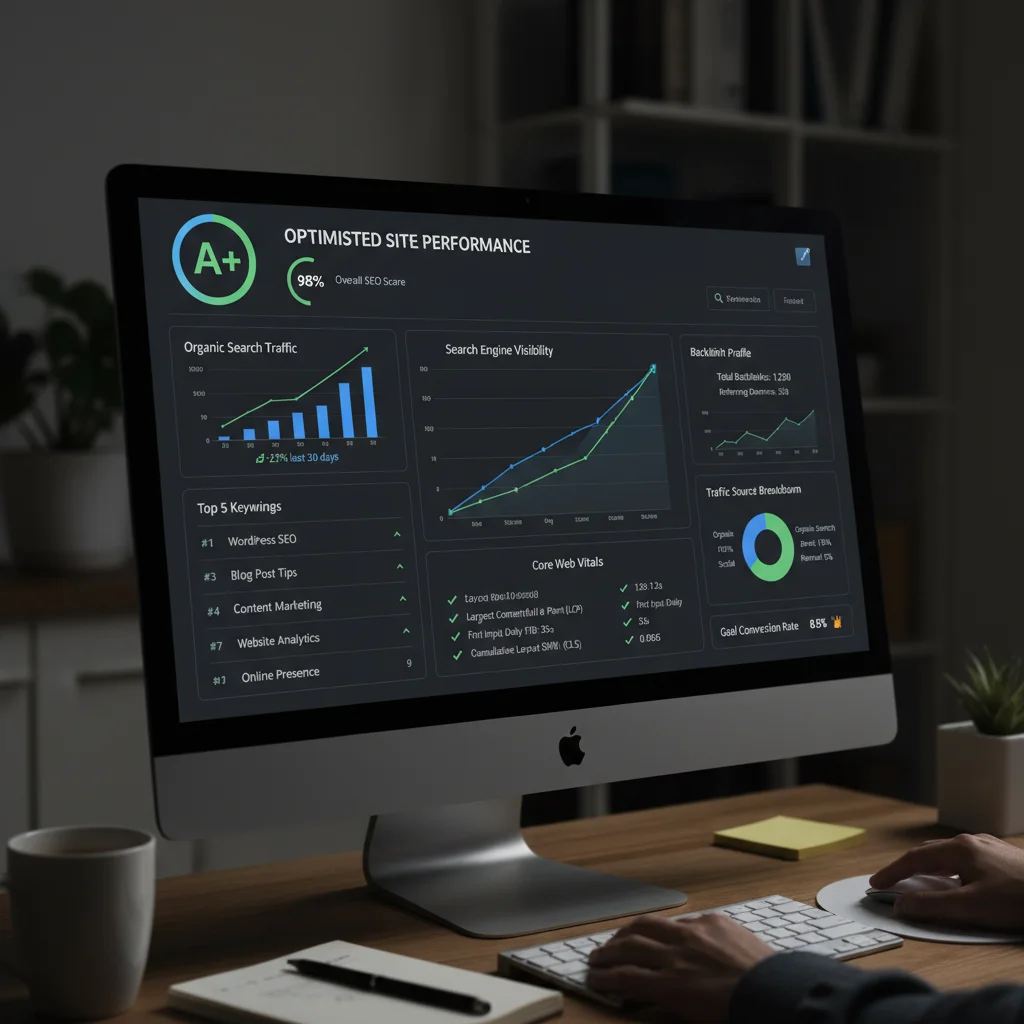 WordPress SEO dashboard showing optimised website performance metrics and search rankings