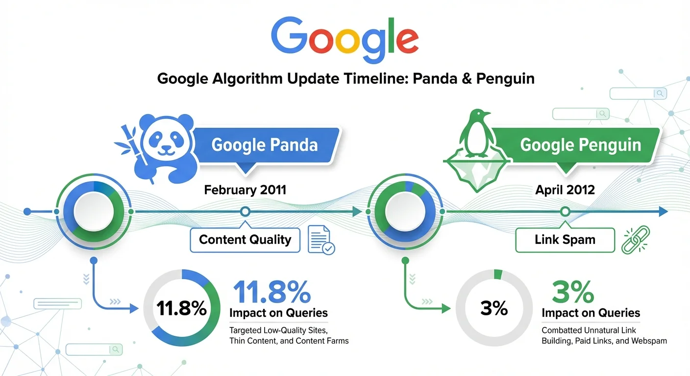Timeline infographic of Google Panda and Penguin algorithm launches