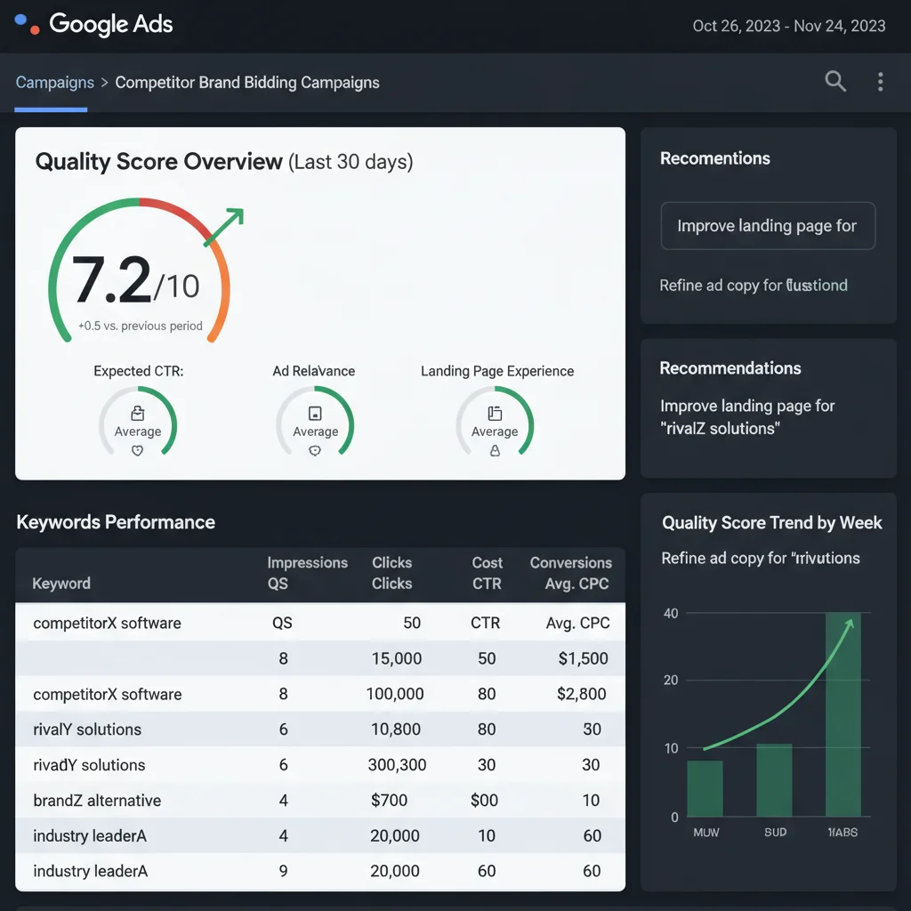 Google Ads performance dashboard displaying ROI metrics and KPIs for competitor brand bidding campaigns