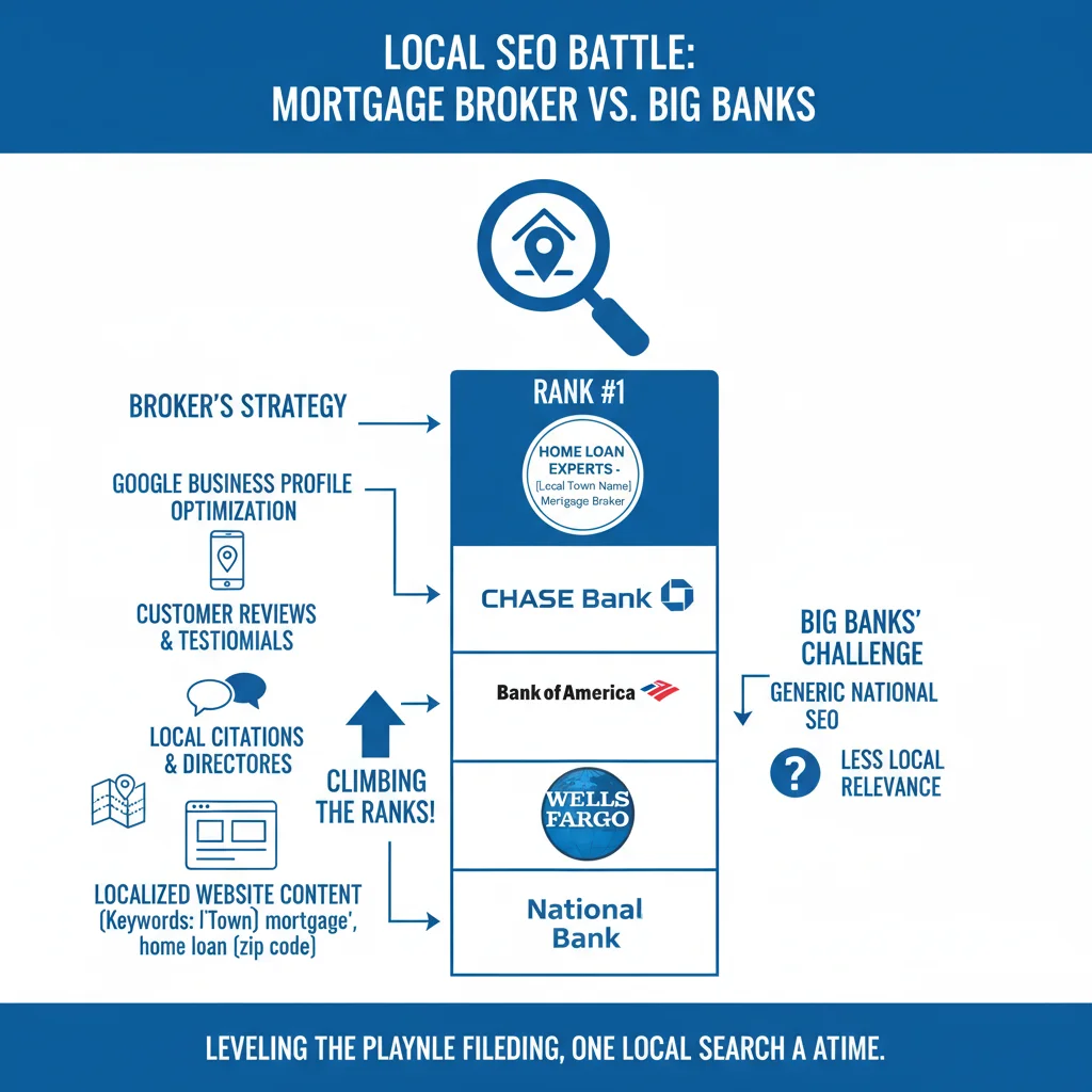 Local SEO strategy diagram showing how mortgage brokers can compete against major banks