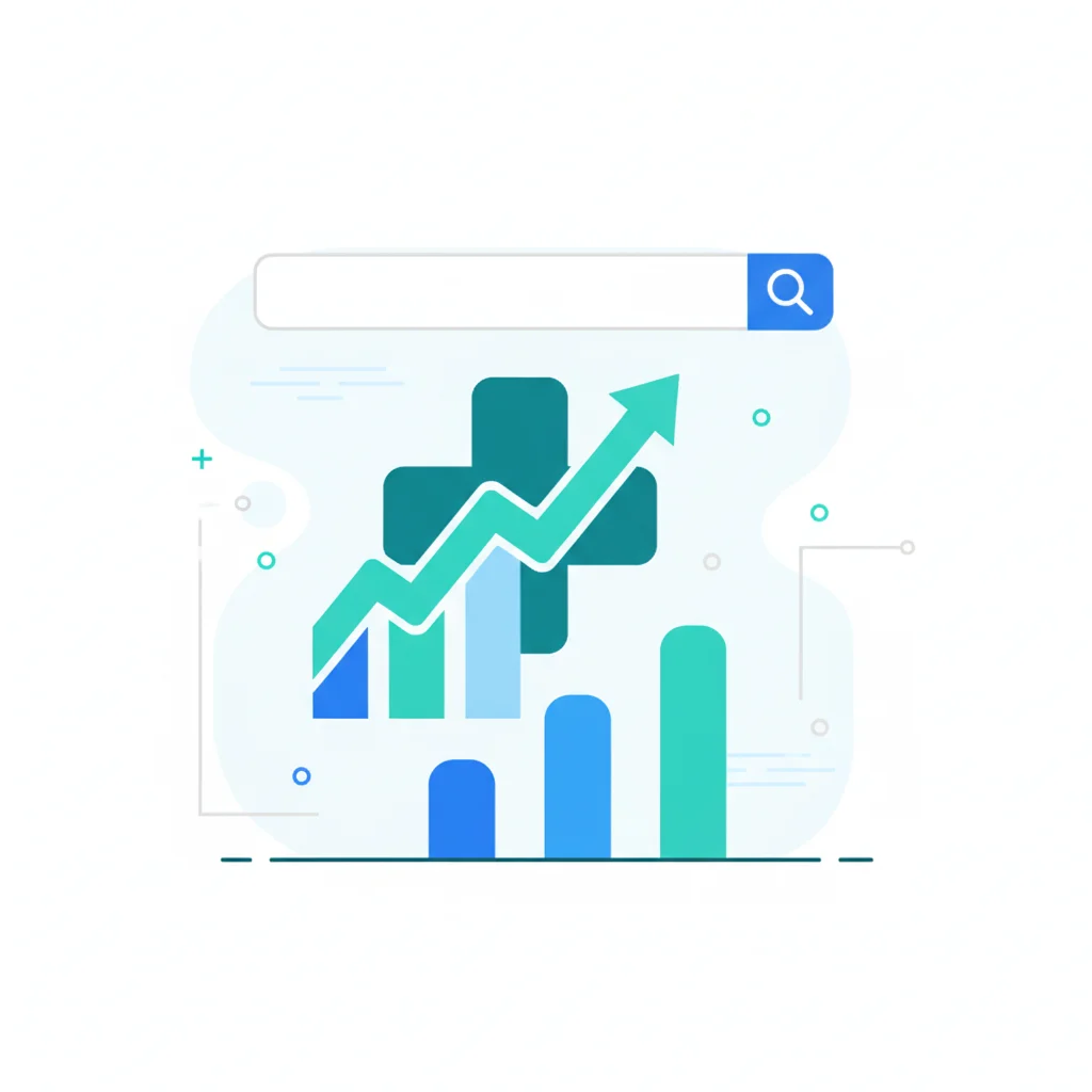Healthcare SEO strategies illustration showing medical and digital marketing elements