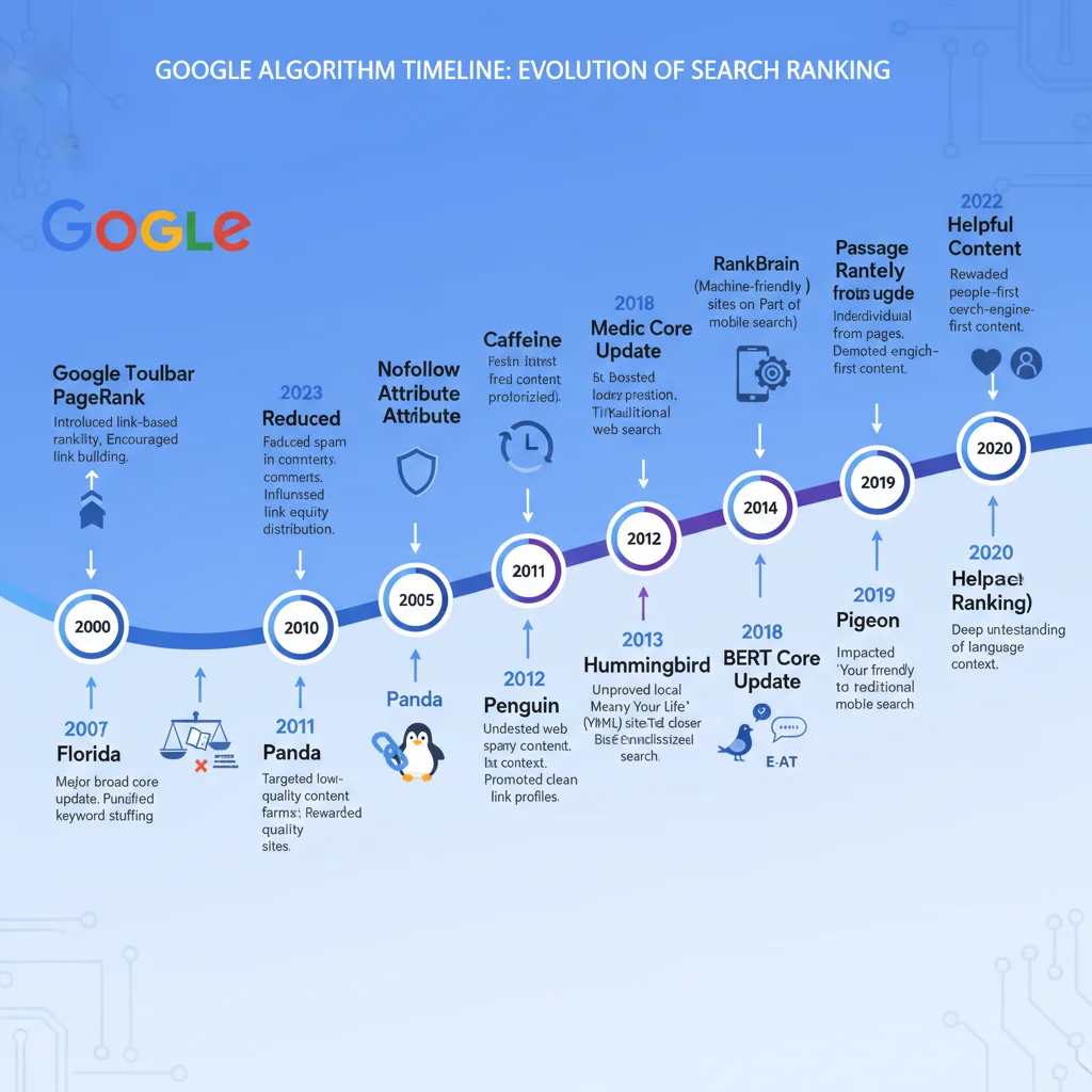 Google algorithm update timeline showing major changes affecting search rankings