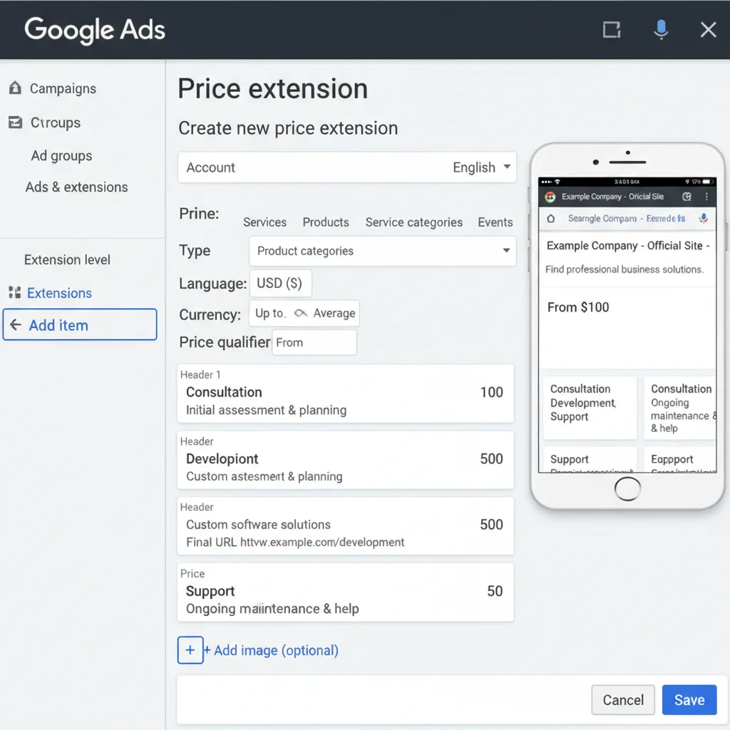 Mobile phone showing improved click-through rates with price extensions analytics dashboard