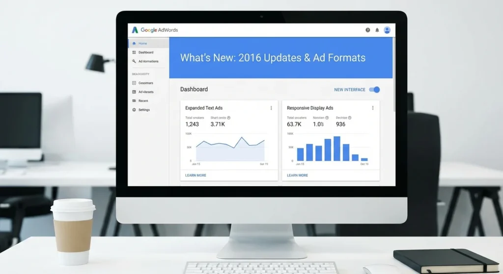 Google Ads interface showing 2016 updates and new ad formats