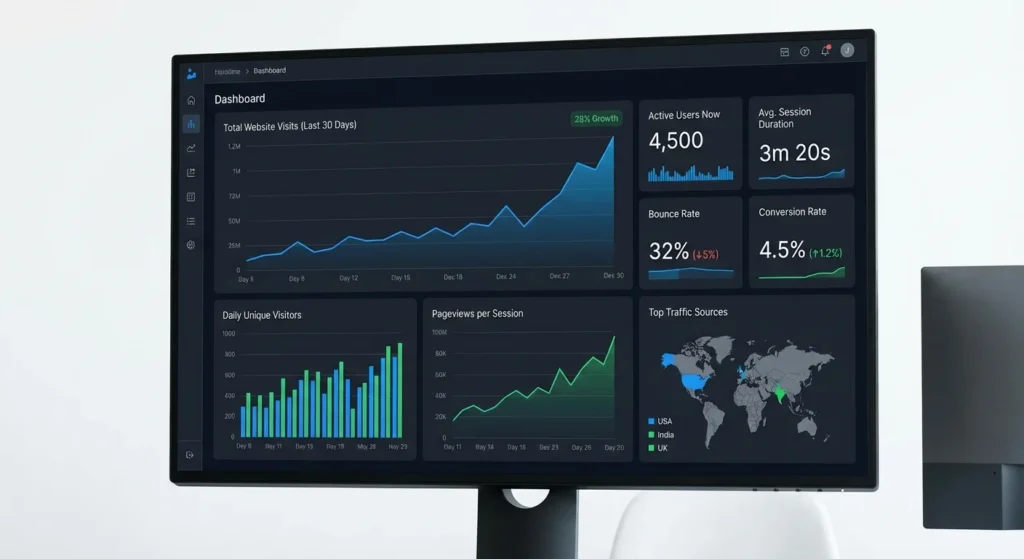 Website traffic dashboard showing increased visitors and engagement metrics