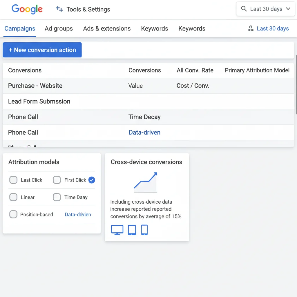 Google Ads dashboard showing conversion tracking and attribution data analysis