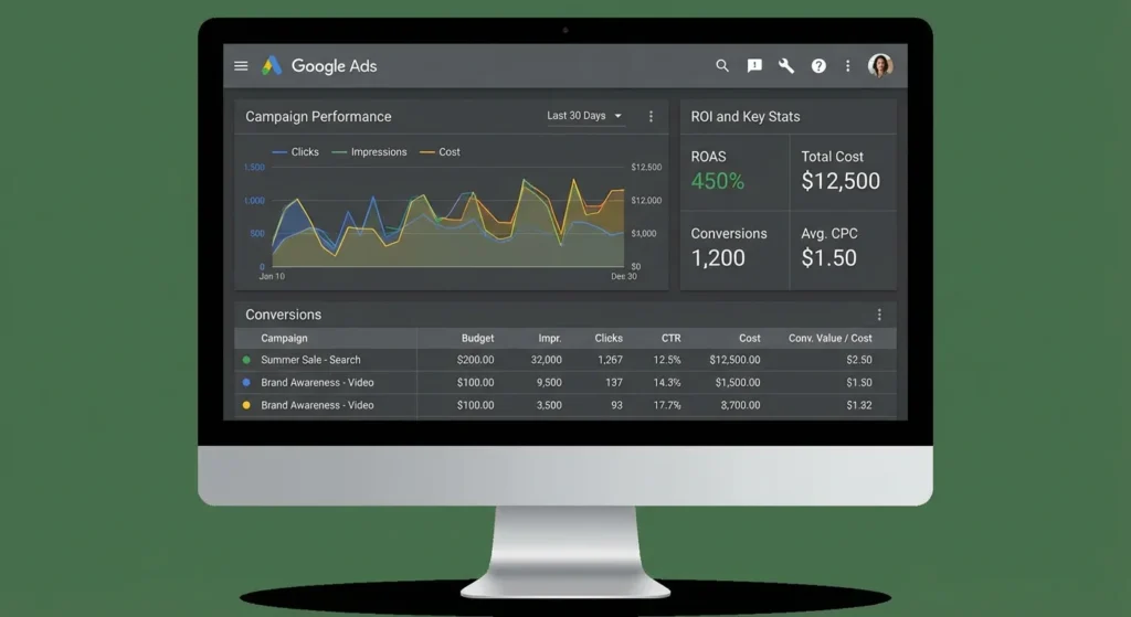 Google Ads dashboard showing campaign performance metrics and ROI
