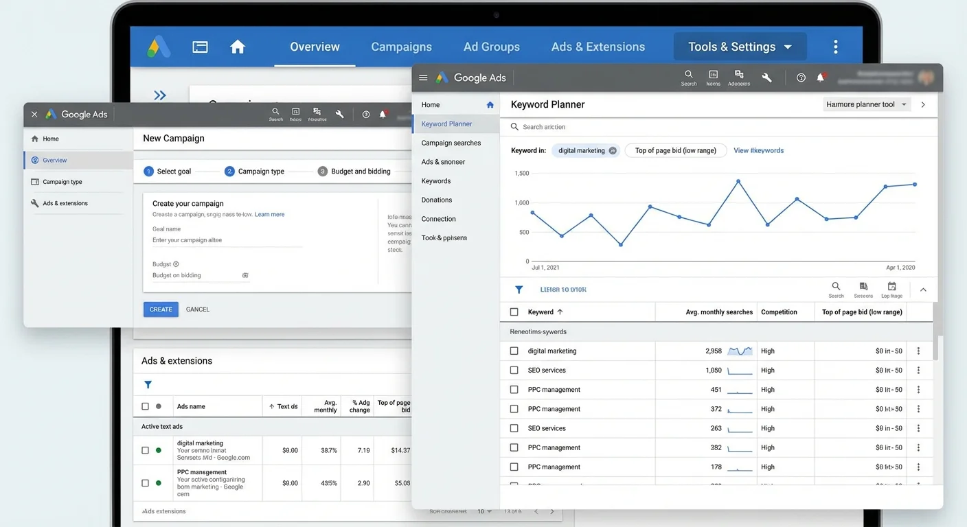 Google Ads interface showing keyword bidding and ad creation tools