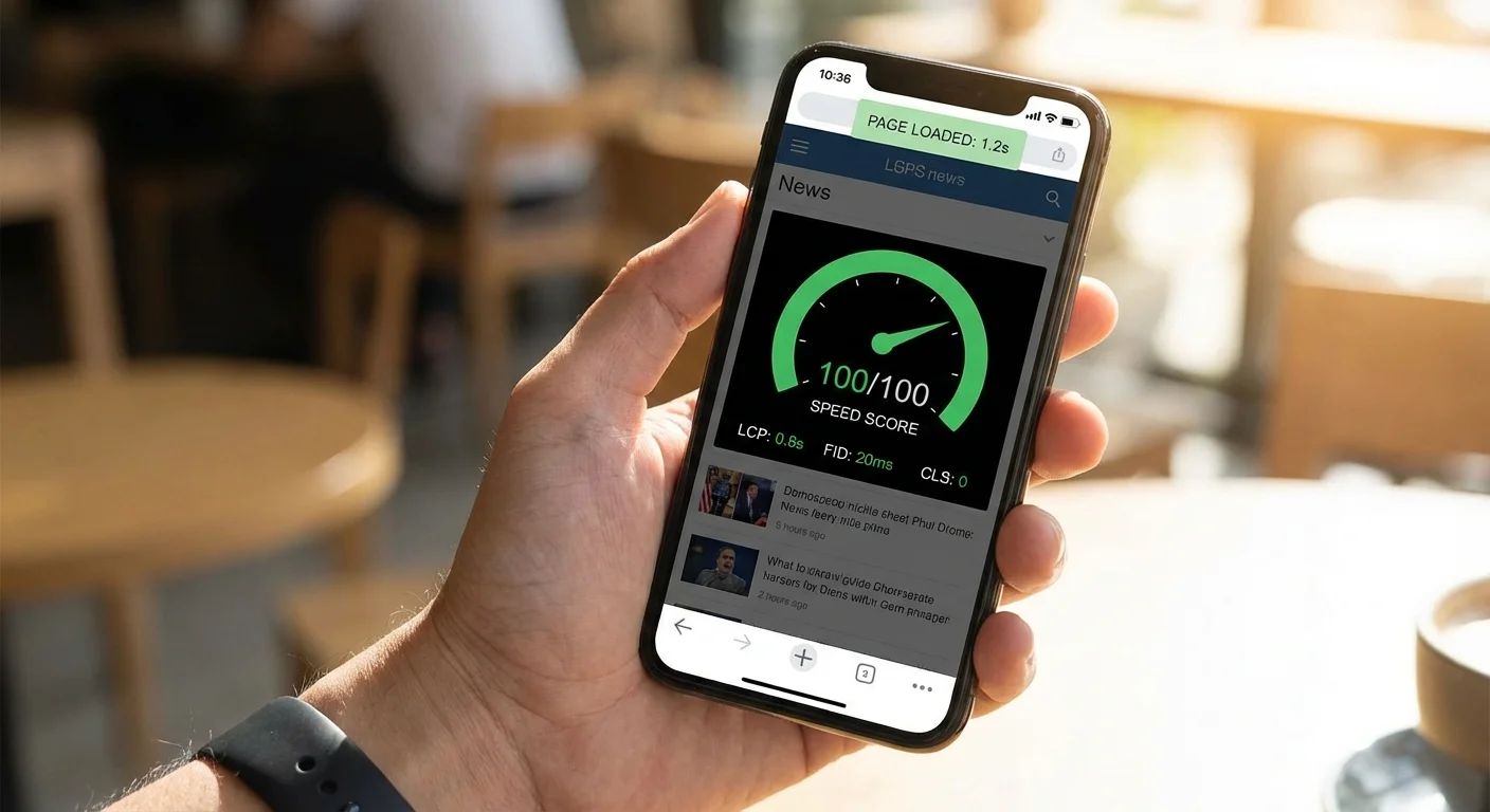 Mobile phone showing fast loading website with speed indicators