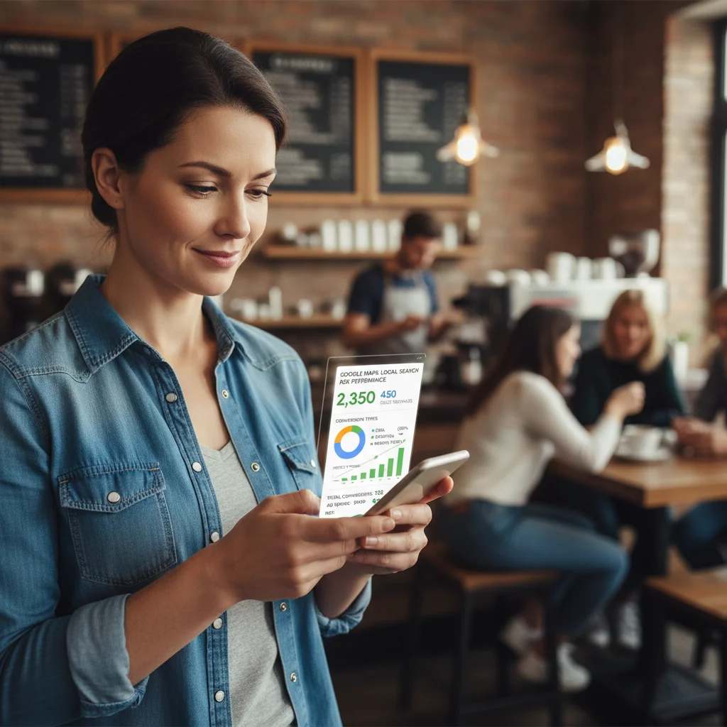 Local business owner checking mobile phone for Google Maps ads performance metrics