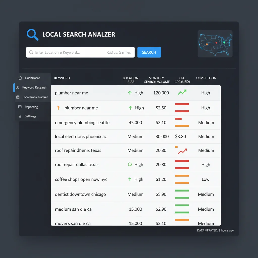 Local search keyword research showing location-based search terms and intent