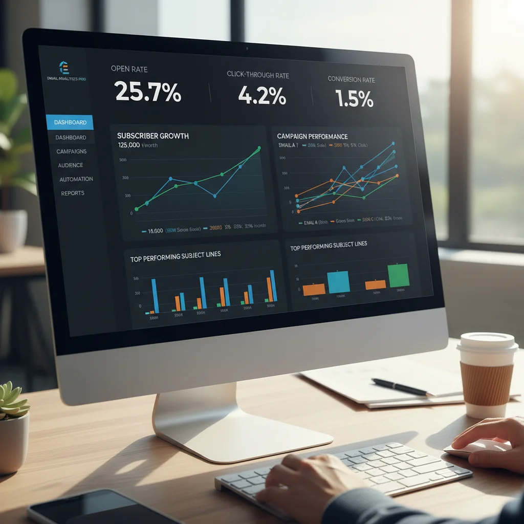Email marketing dashboard showing open rates, click-through rates and conversion metrics