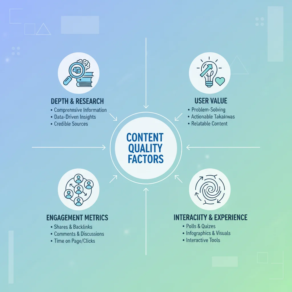 Content quality factors including depth, research, images and user value