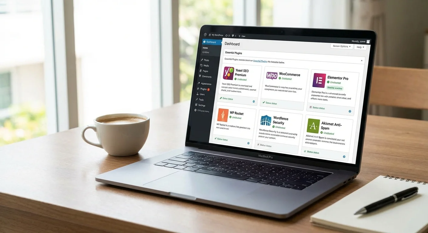 Essential WordPress plugins displayed on laptop screen for website development