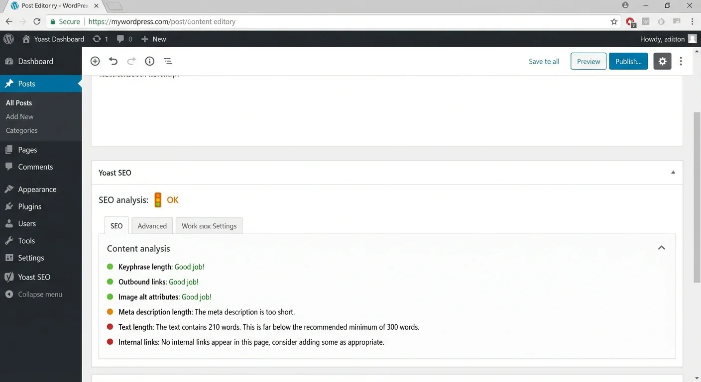 Yoast SEO plugin interface showing content analysis and optimization recommendations