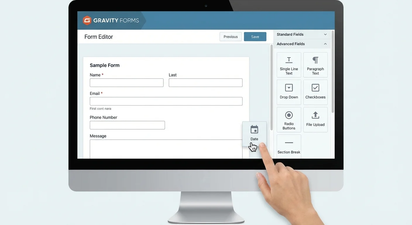 Gravity Forms builder interface showing drag and drop form creation tools
