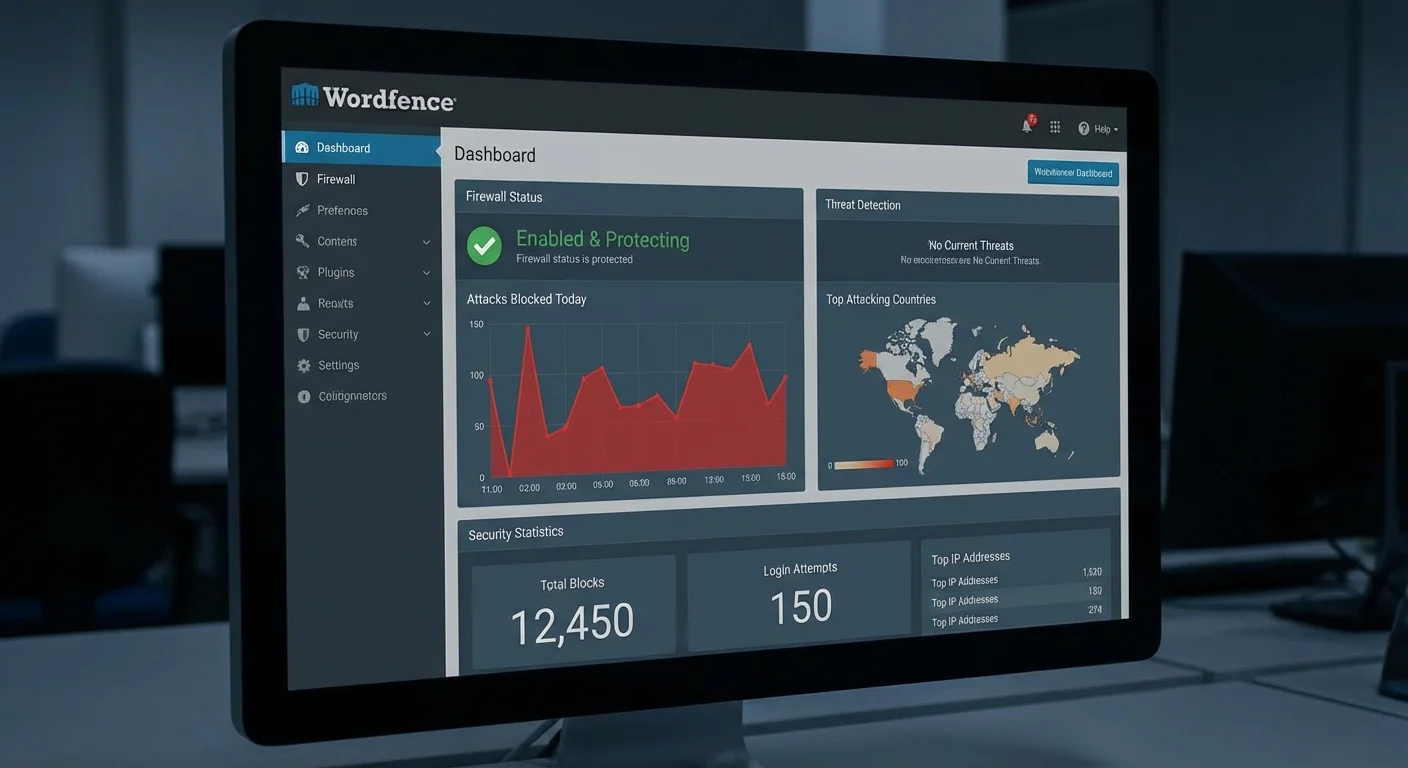 Wordfence security dashboard showing threat protection and firewall status