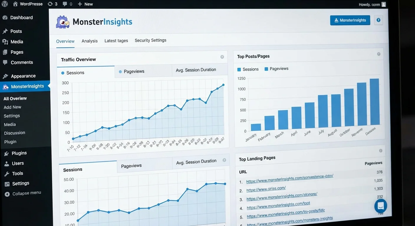 MonsterInsights analytics dashboard showing website traffic and user behavior data