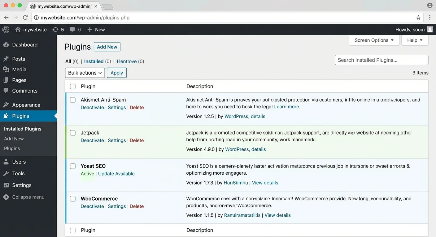 WordPress plugins page showing installed and active plugins management interface