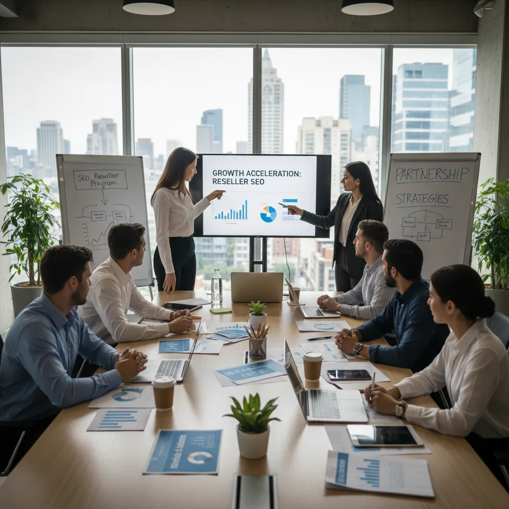 Digital agency team discussing SEO reseller strategies