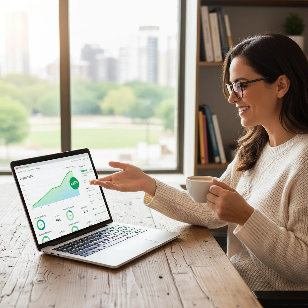 Small business owner reviewing SEO performance reports
