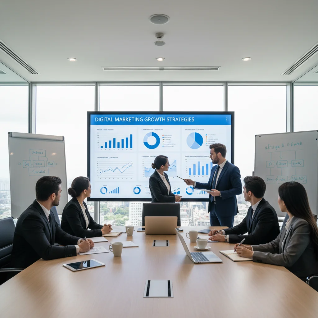 Business meeting discussing digital marketing growth strategies