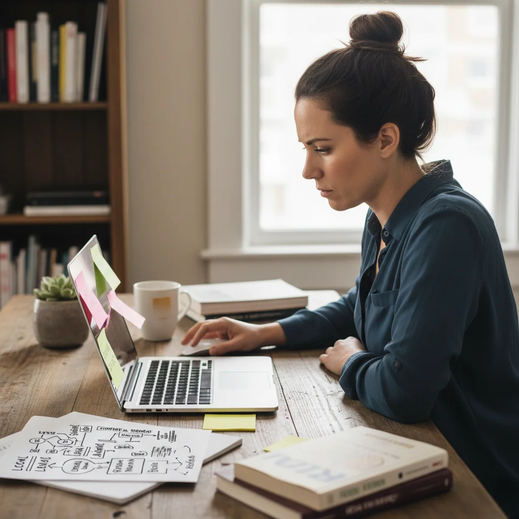 Small business owner working on SEO strategy with laptop and notes