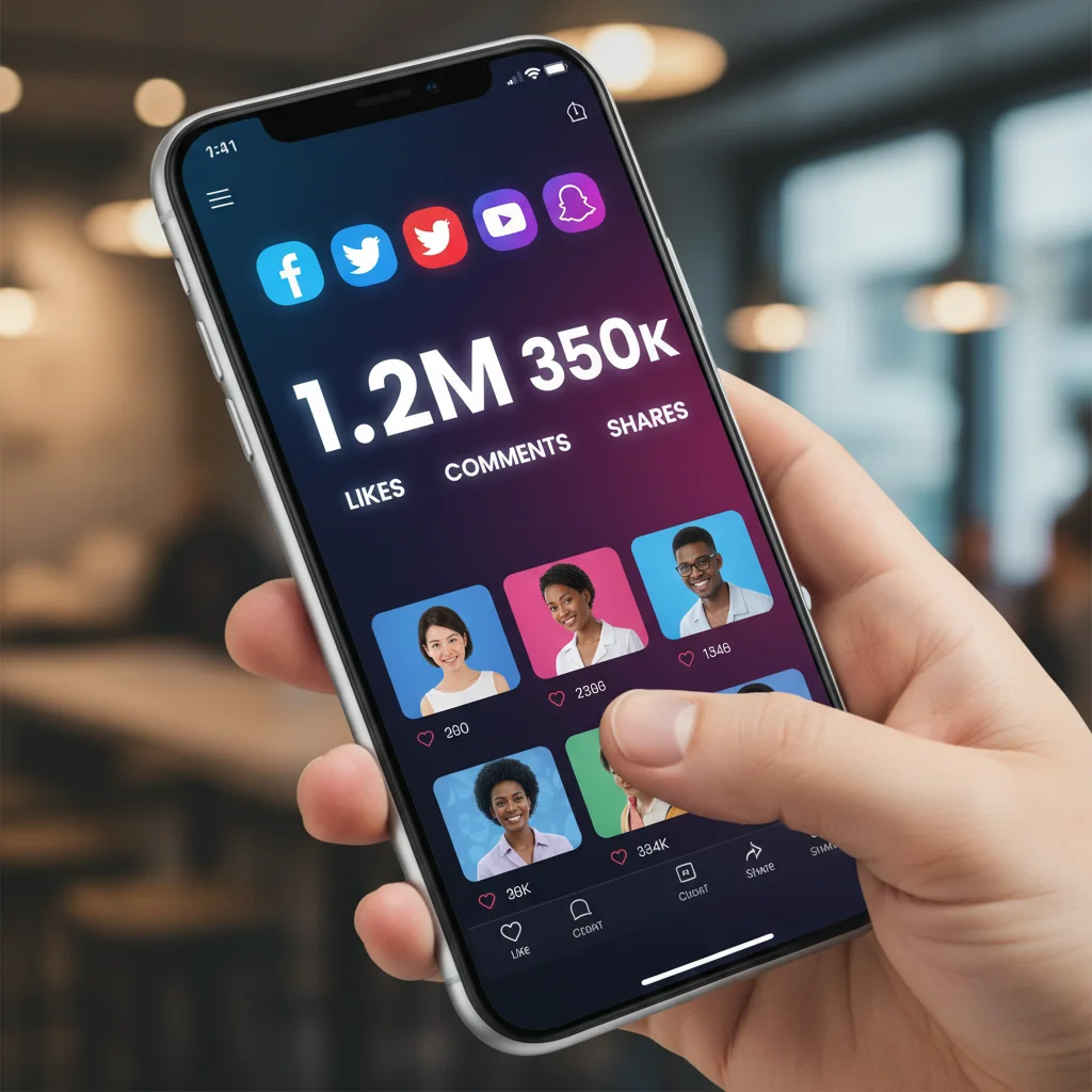 Social media icons and engagement metrics on mobile device
