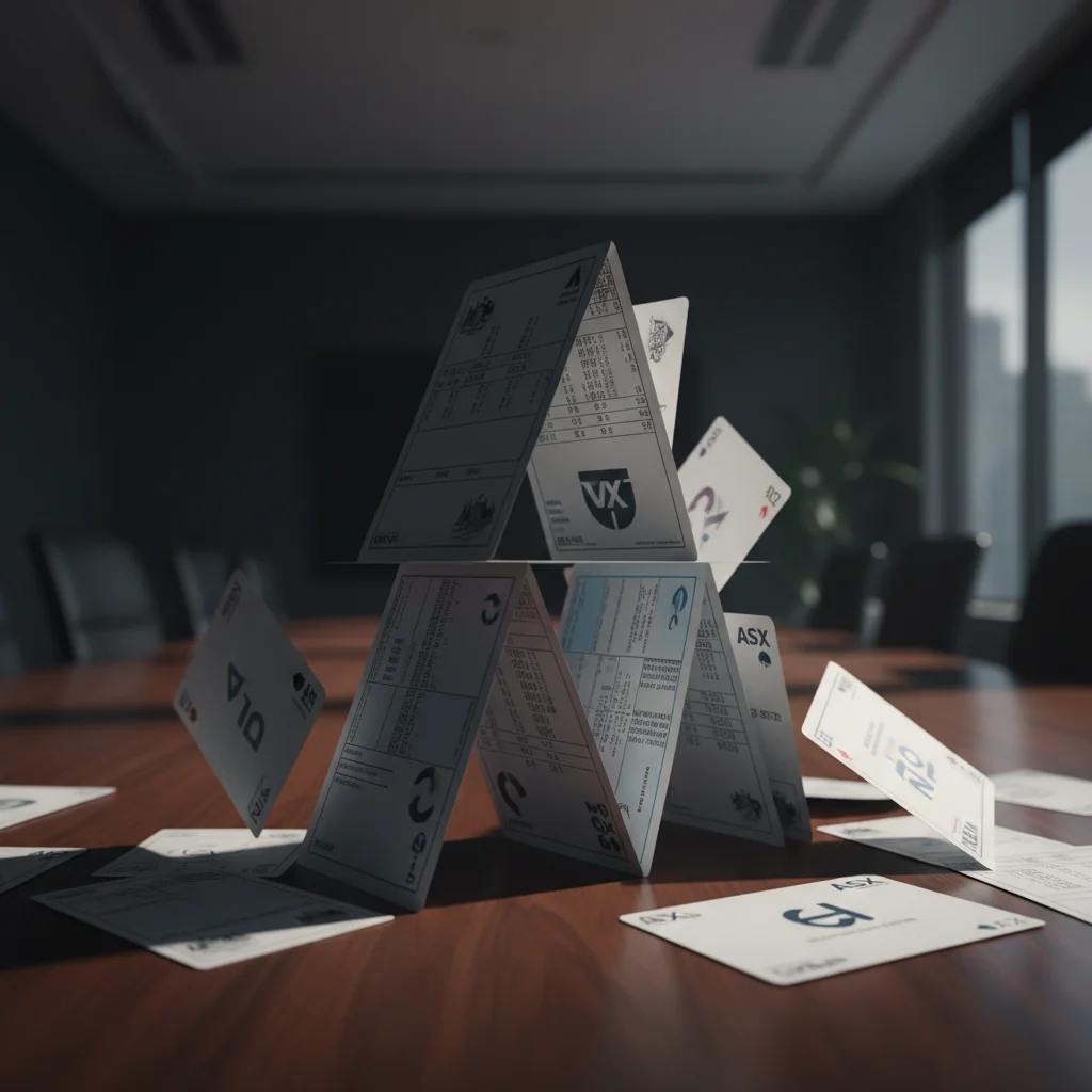 House of cards built from stock certificates collapsing on a boardroom table