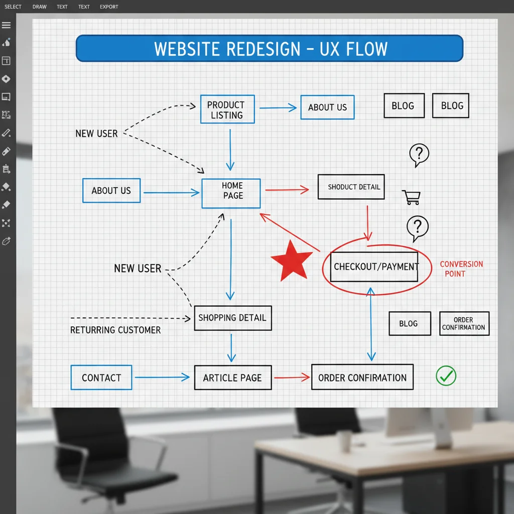 Website wireframe showing user experience flow and navigation structure