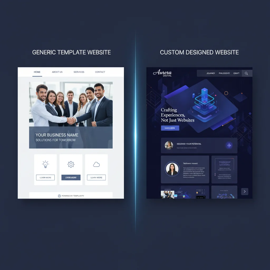 Split screen comparison showing template website versus custom designed website