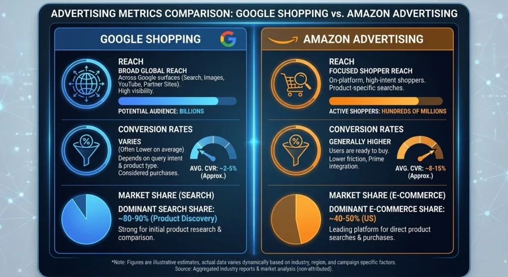 Google Shopping vs Amazon advertising comparison chart showing reach and conversion data