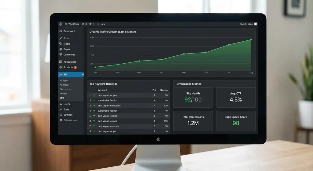 WordPress SEO dashboard showing ranking improvements and traffic growth