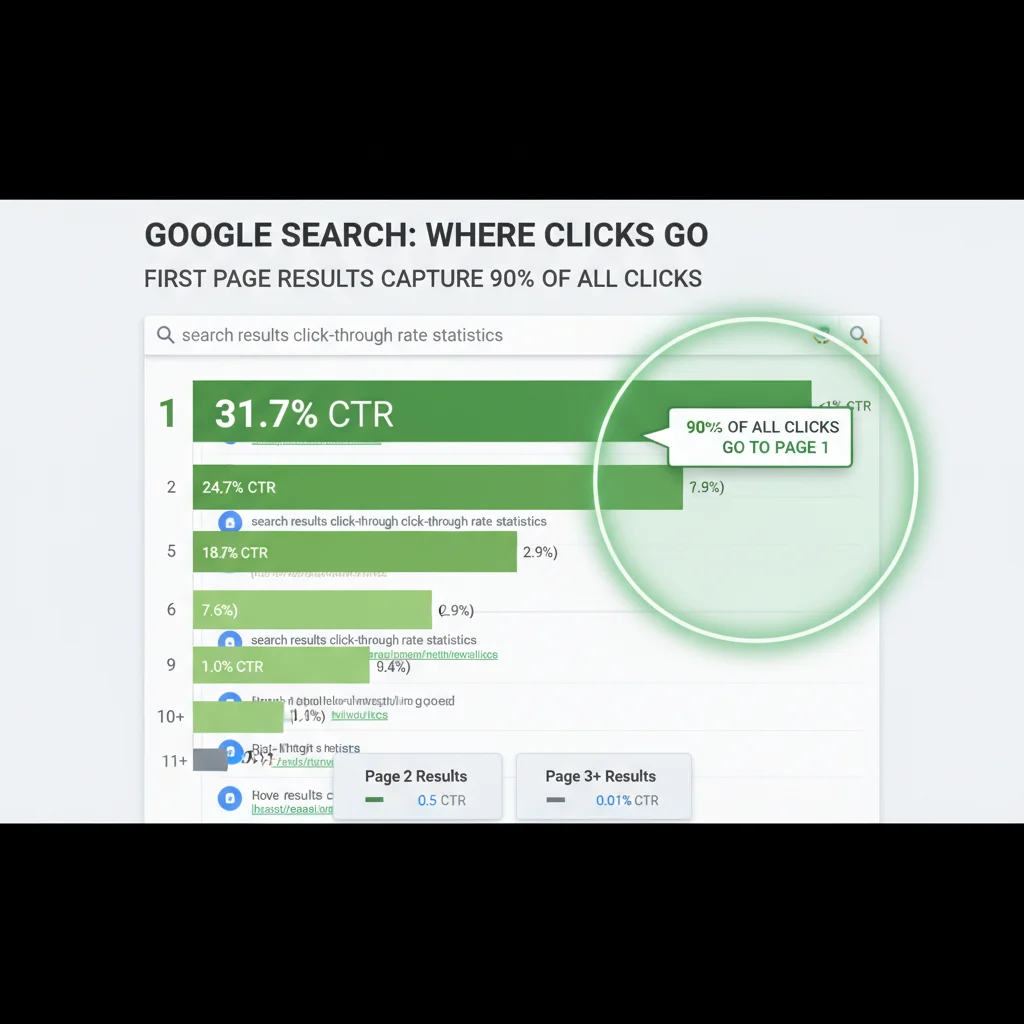 Google search results showing click-through rates by position with first page dominance