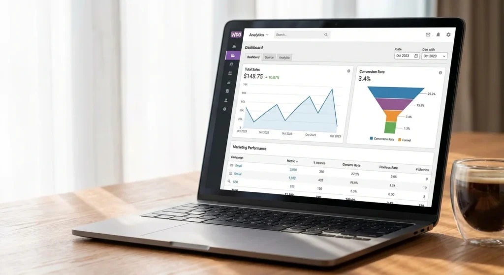 WooCommerce store analytics dashboard showing sales growth and marketing performance