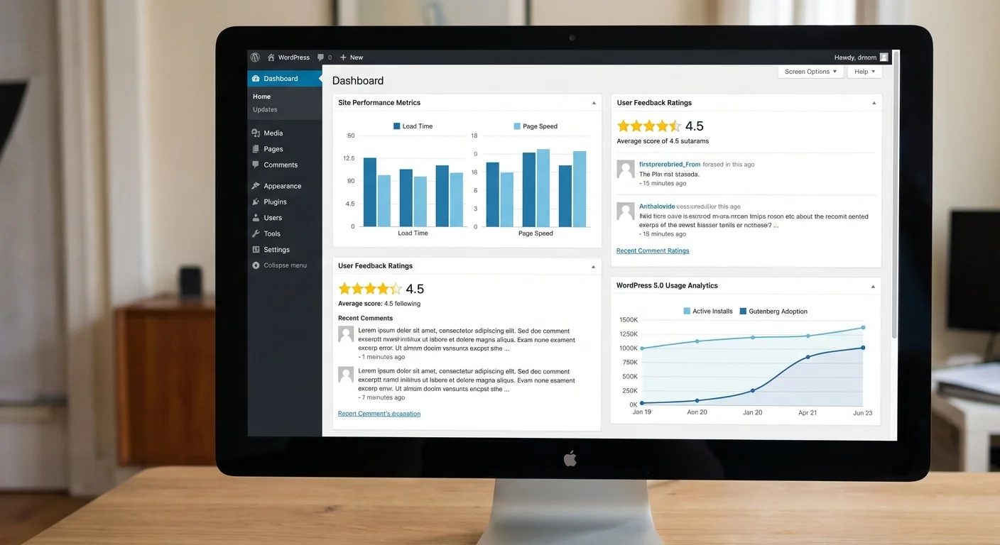 User interface showing WordPress 5.0 dashboard with performance metrics and user feedback