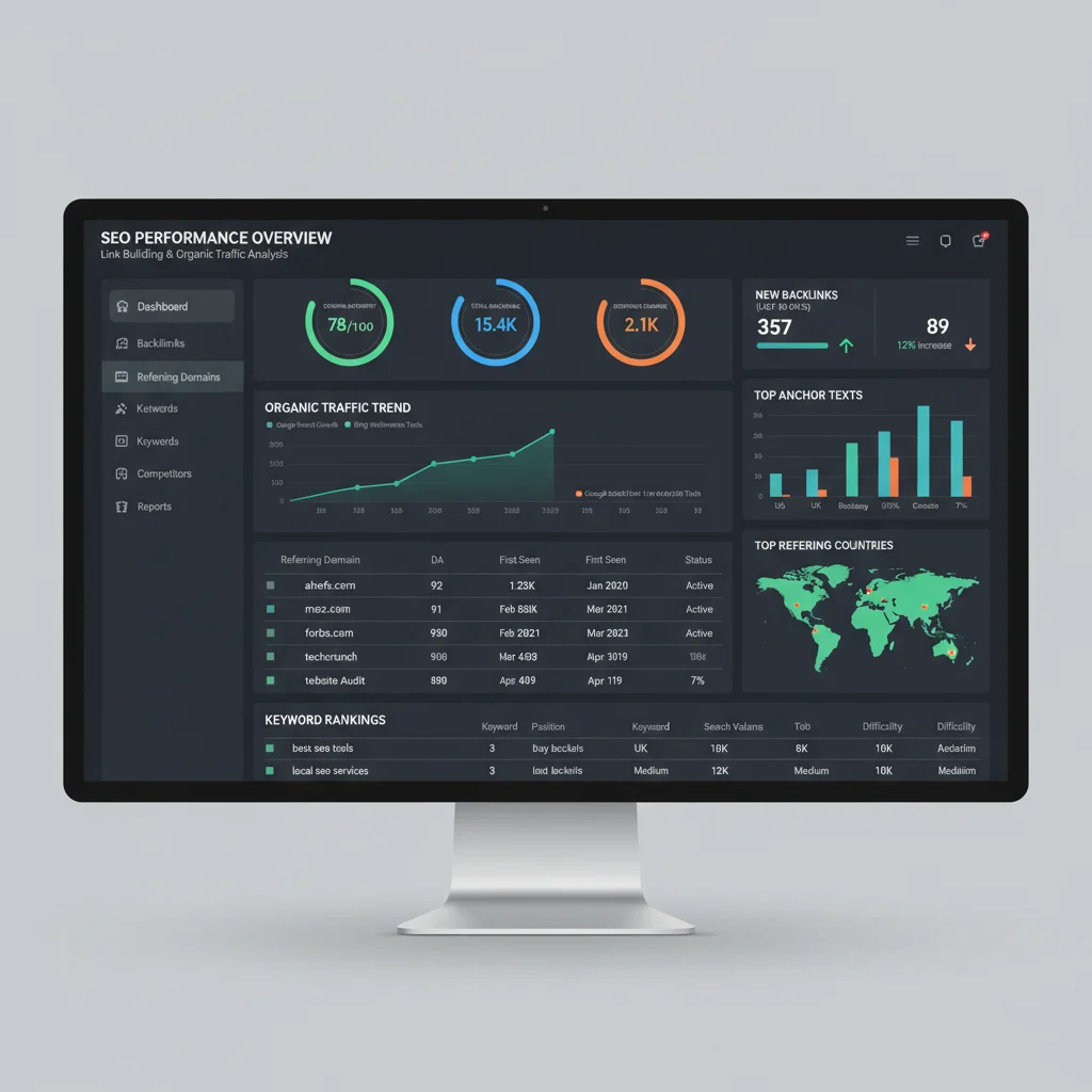 Analytics dashboard showing link building metrics and SEO performance data