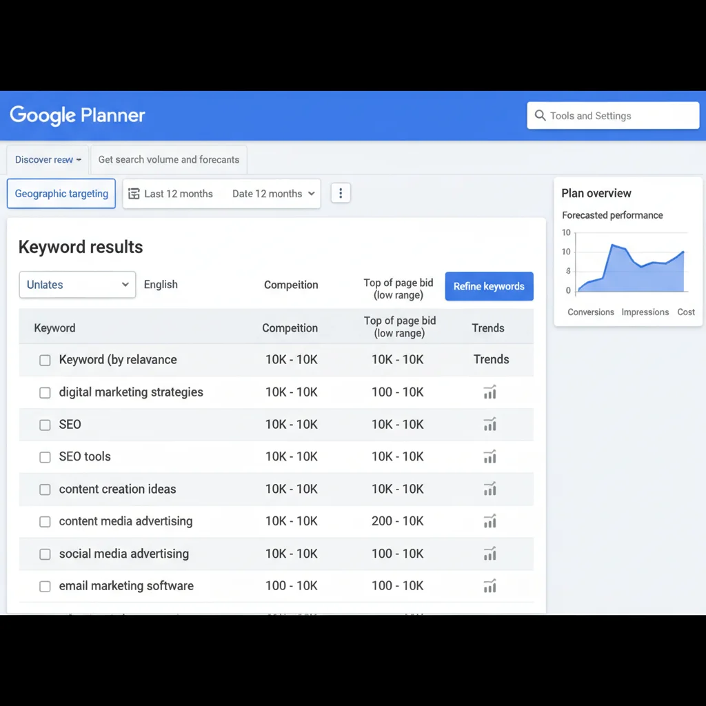 Google Keyword Planner interface showing search volume data and keyword suggestions