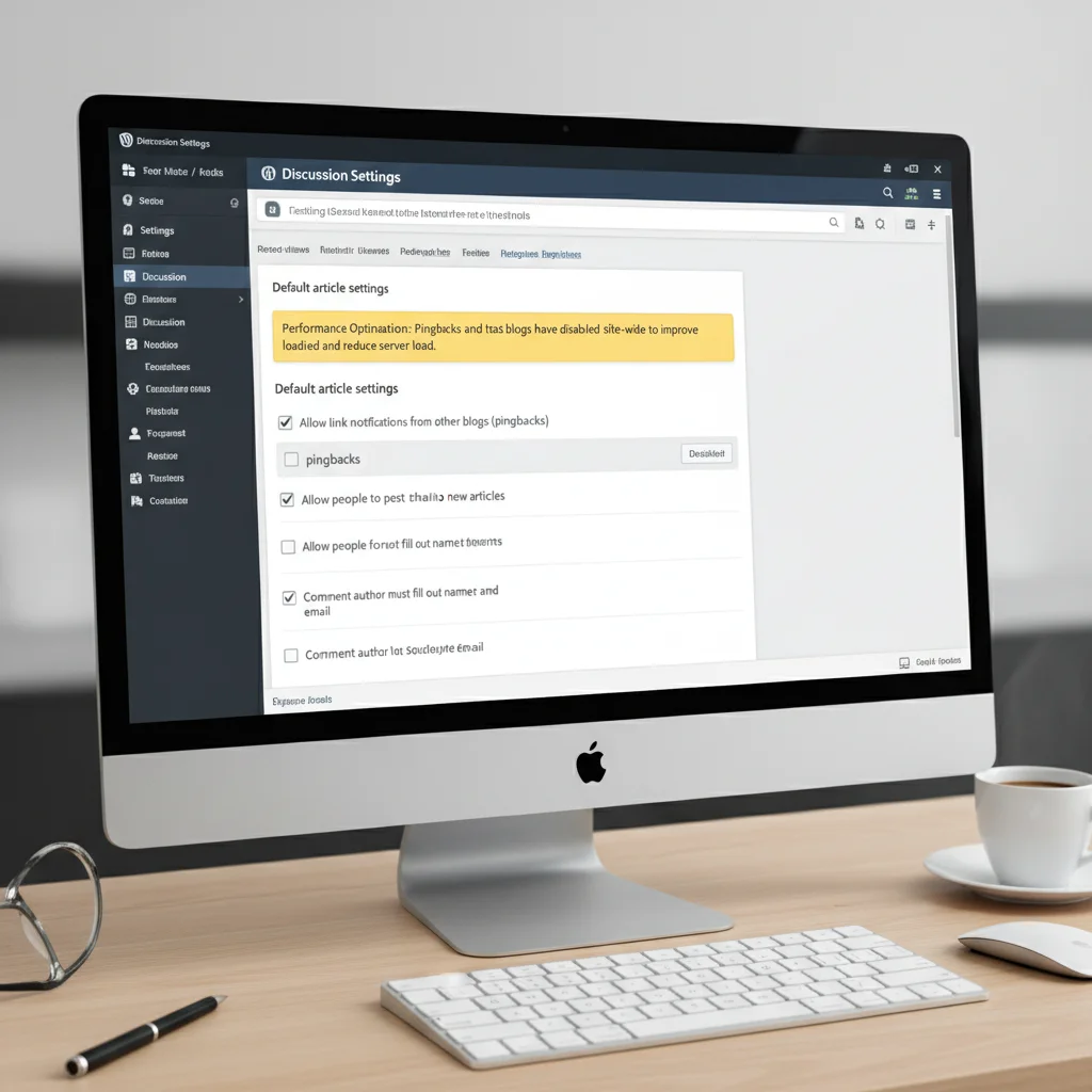 WordPress discussion settings panel with pingbacks disabled for better site performance