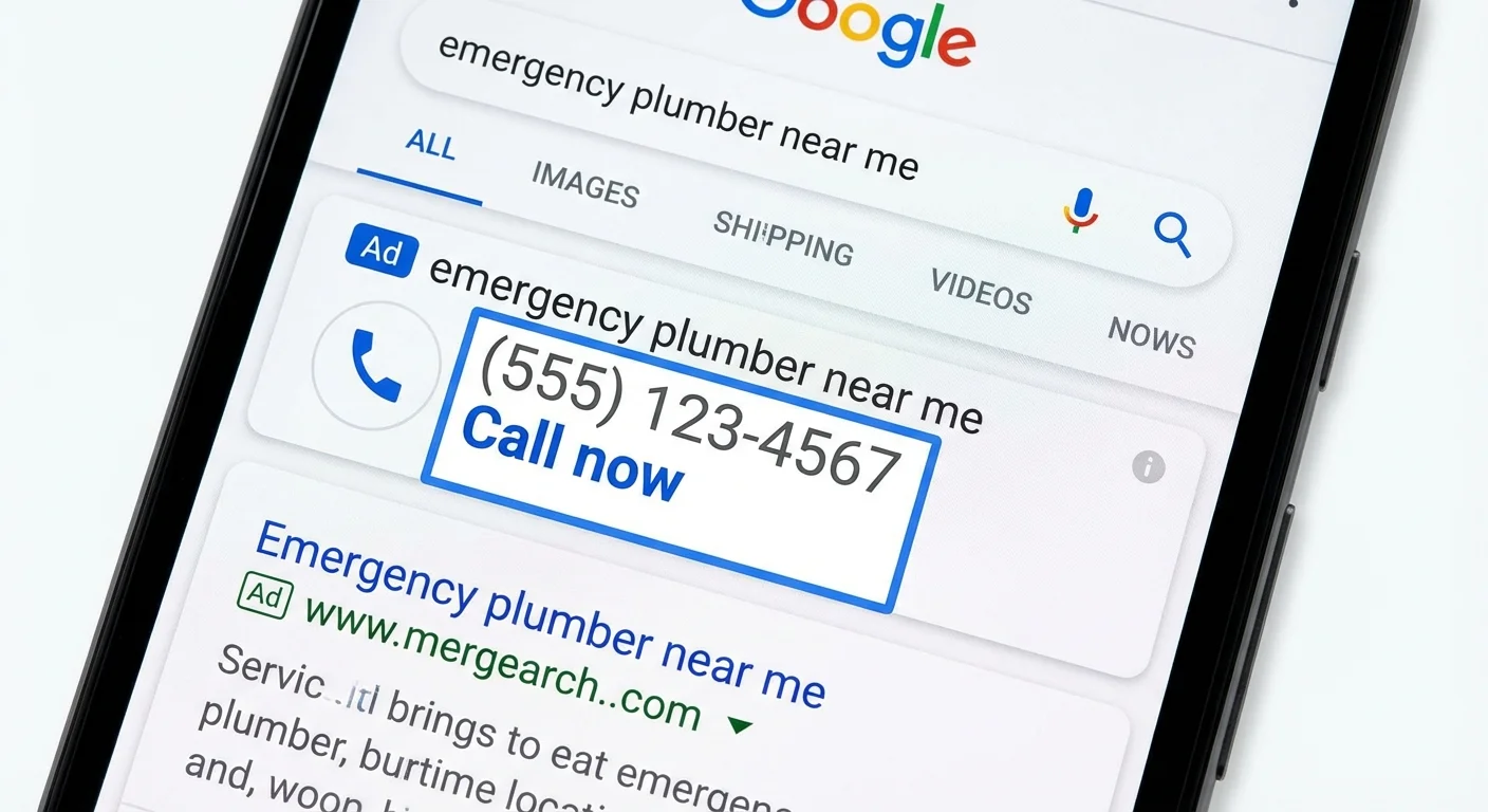 Google Ads call extension showing phone number prominently displayed in mobile search ad