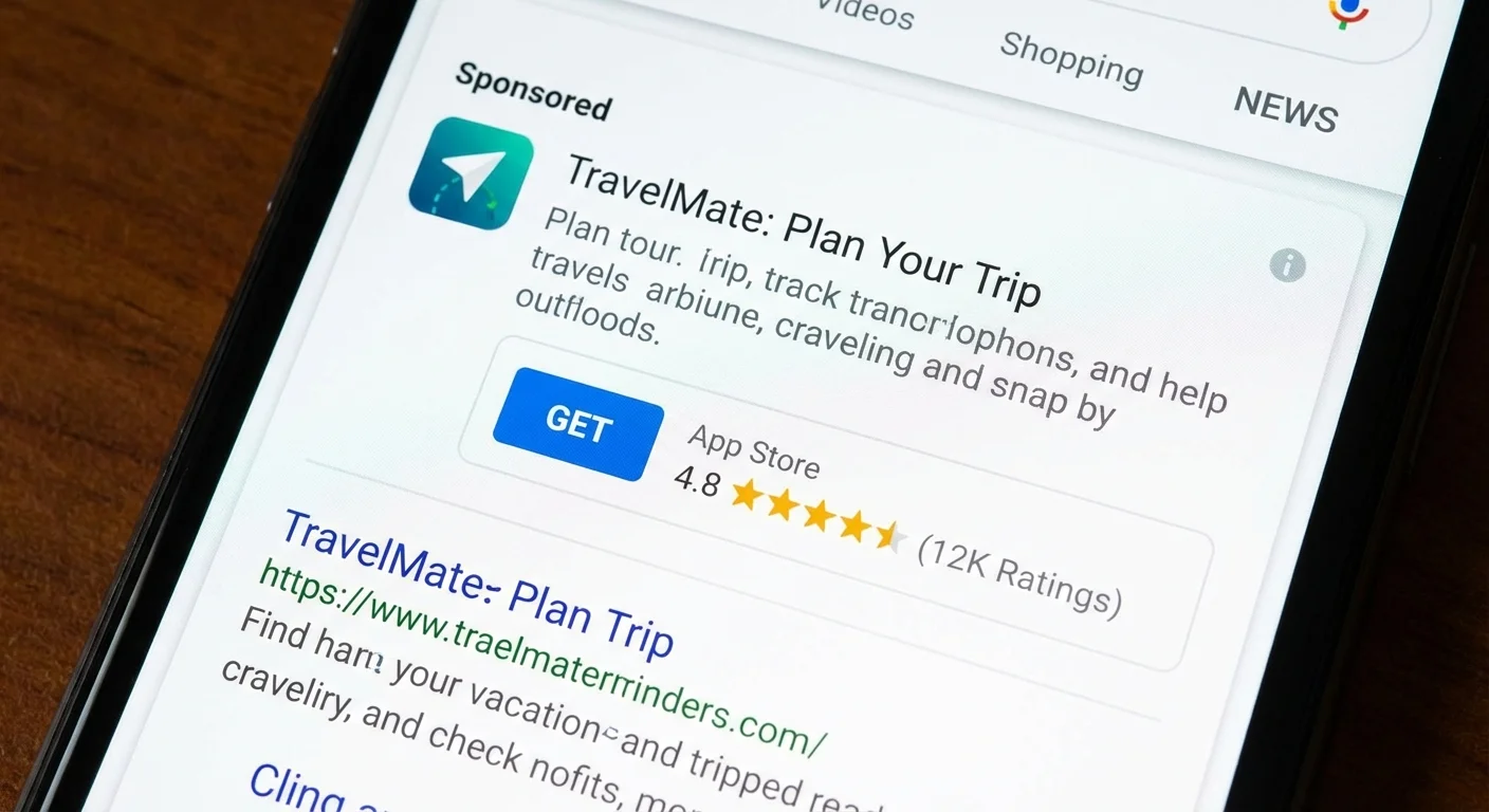 App extension showing download button and app store rating in mobile search ad