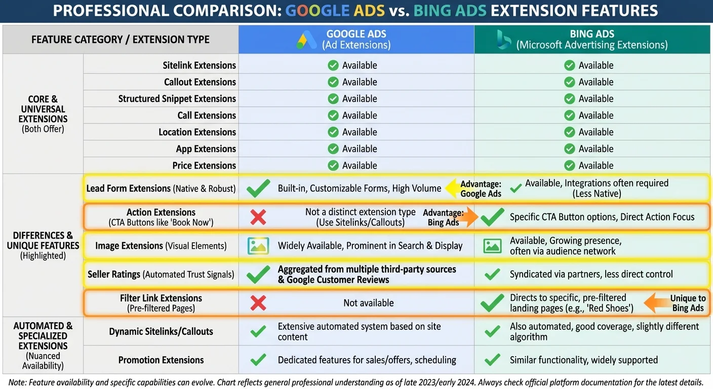 Side-by-side comparison chart showing Google Ads vs Bing Ads extension features and availability