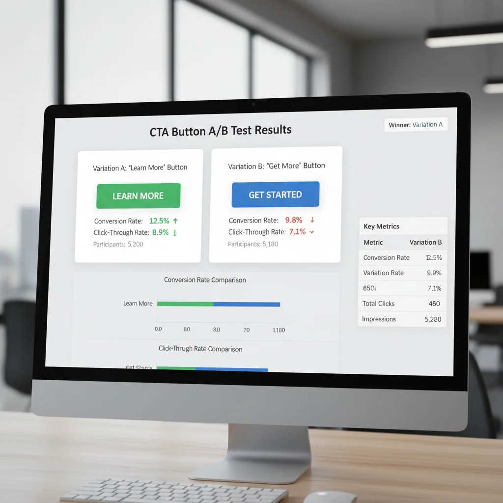 Split testing dashboard showing CTA button performance metrics and conversion rates