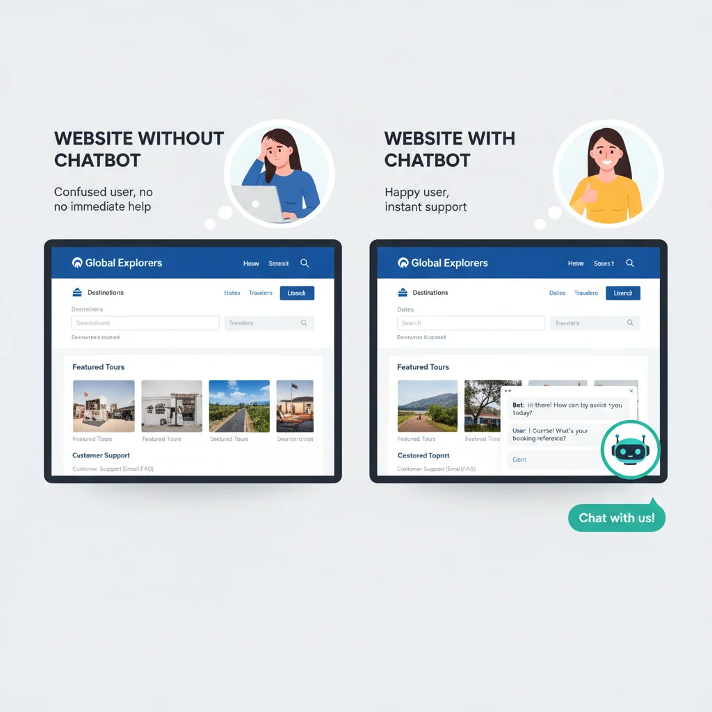 Split screen comparison showing website with and without chatbot functionality