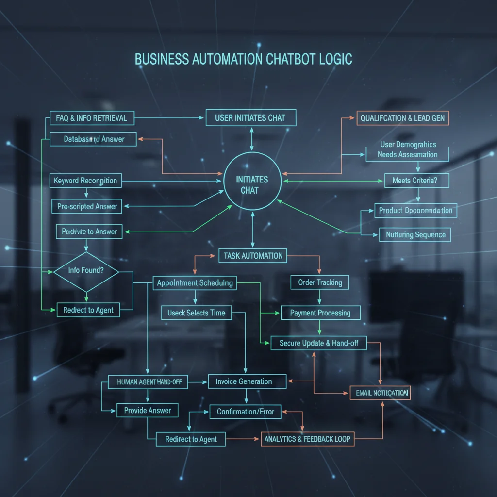 Flowchart diagram showing different types of chatbot conversation paths and decision trees